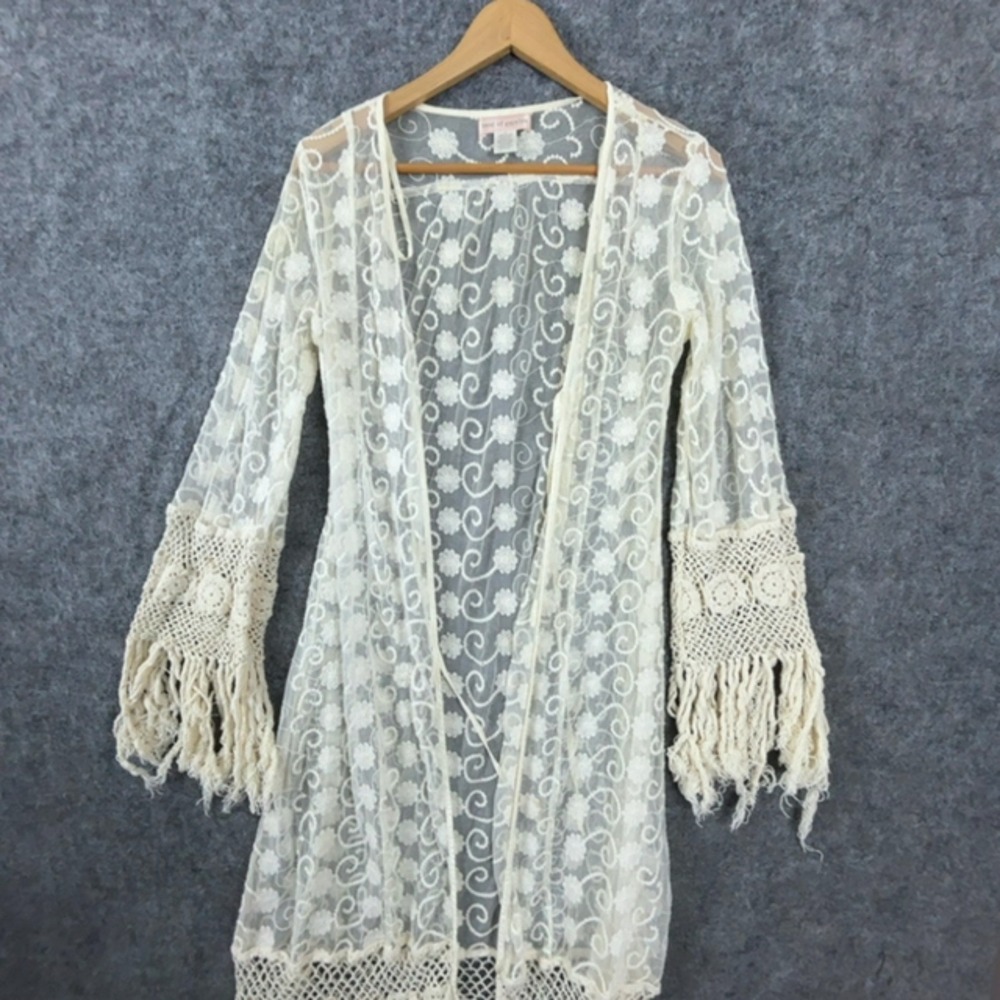 Band Of Gypsies Duster Cover Up Women Medium Beige Mesh Floral Fringe Festival